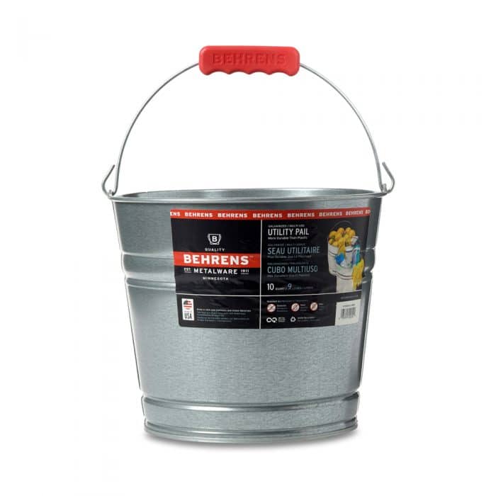 galvanized steel pail with red grip handle