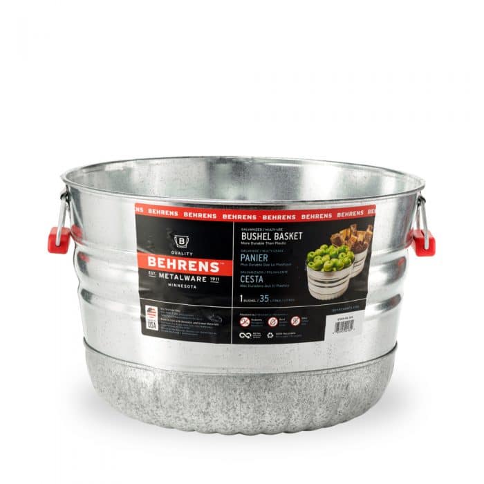close up of galvanized steel bushel basket tub with comfort grip handles