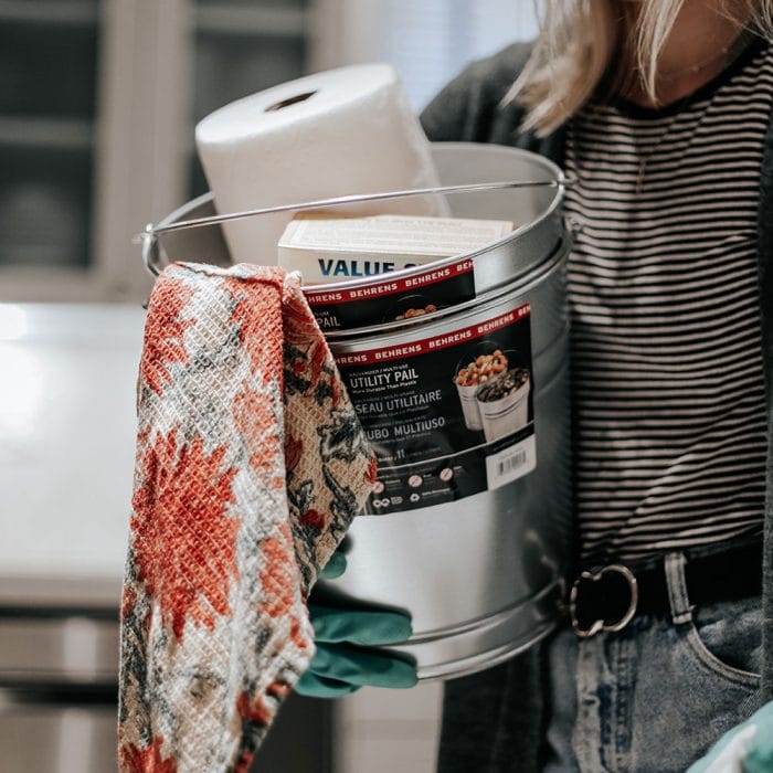 woman carrying 2 Behrens Metalware Classics Galvanized Steel Pail filled with cleaning supplies