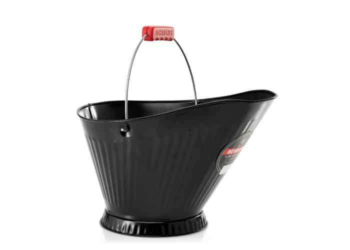 black painted coal hod with red comfort grip on bale