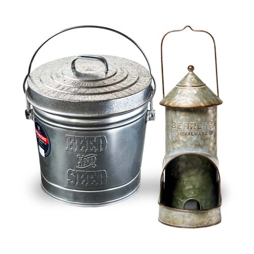 Bird Lover Kit with Aged Galvanized Bird Feeder and Embossed Pail