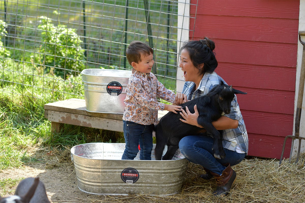 A child reach out to mother while standing in a metal tub next to a baby goat