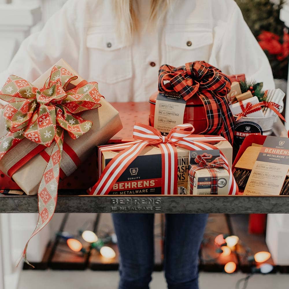 Holiday Gifts from Behrens on a galvanized steel boot tray