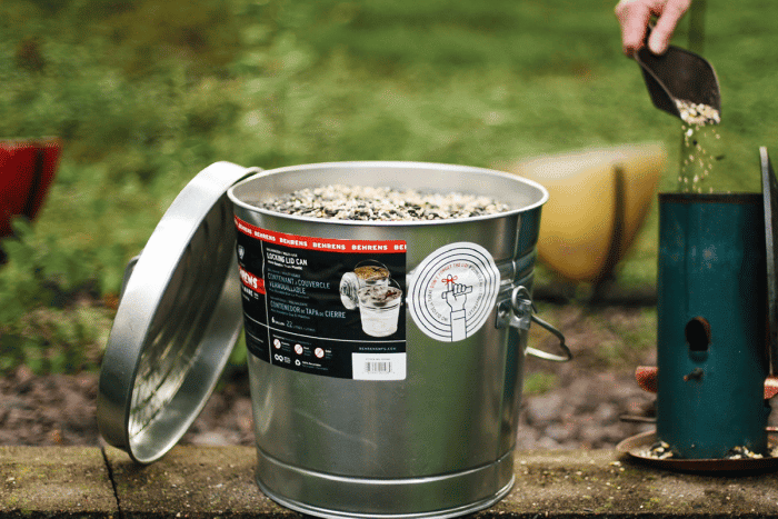 filling bird feeder from bird seed storage can