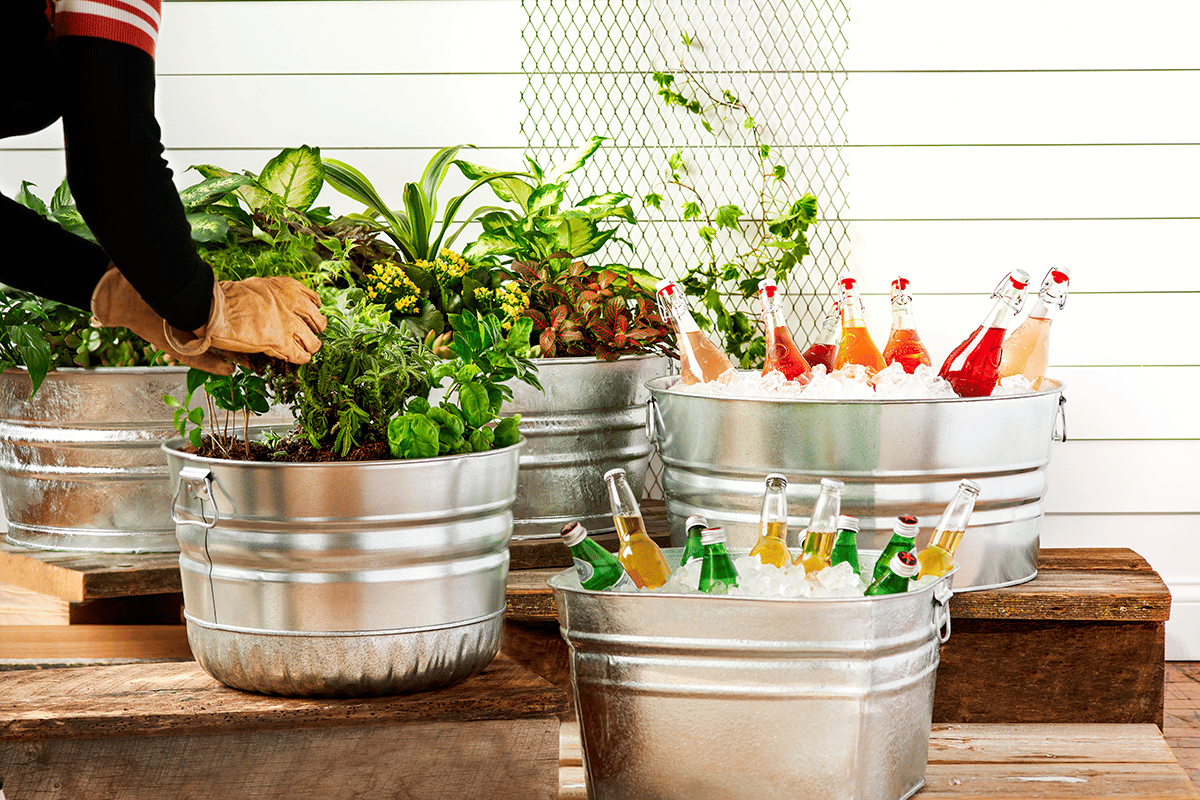 A short , medium, and large galvanized steel cans with dog food in the shortest can.