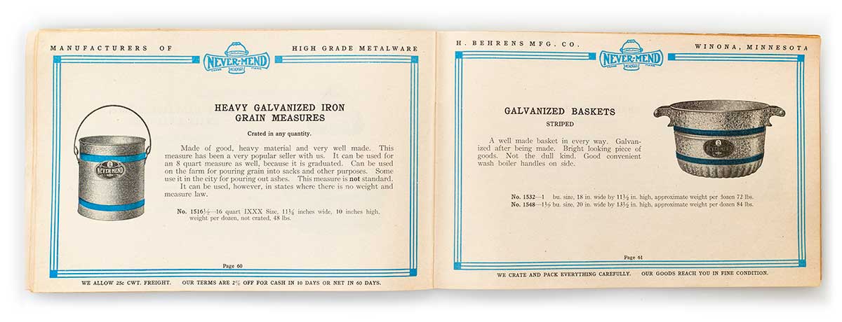 Vintage catalog page for Behrens galvanized steel pail and basket